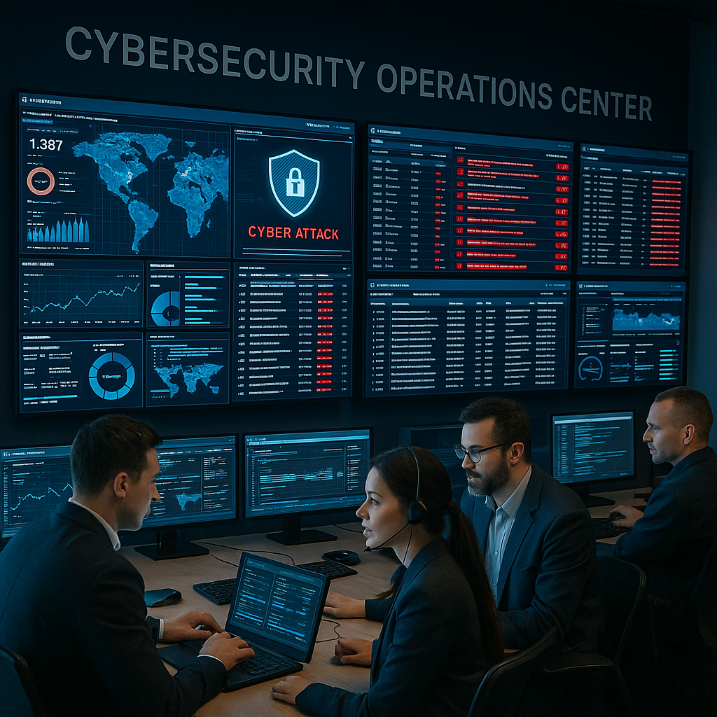 A modern cybersecurity operations center with mult